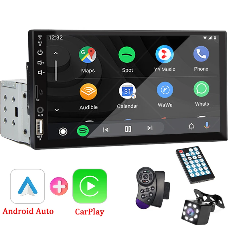 7-calowe radio samochodowe 1 Din Carplay Android Auto Odtwarzacz multimedialny HD Ekran dotykowy FM Wejście AUX Bluetooth MirrorLink Uniwersalne radio samochodowe 1